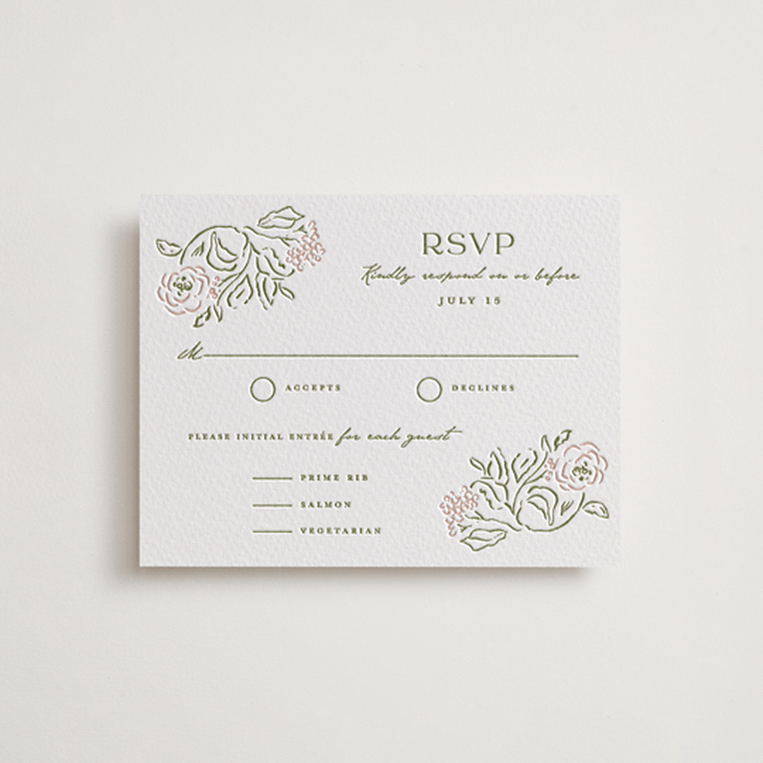 "Sketched Foliage" - Letterpress RSVP Cards in Nude by Susan Zinader - Front