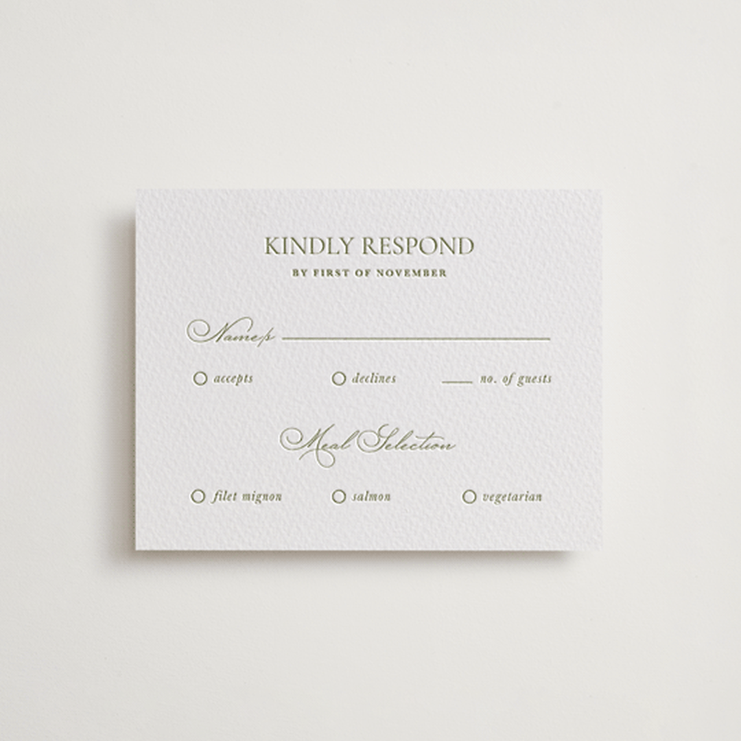 "Vineyard Elegance" - Letterpress RSVP Cards in Pistachio by Lucrecia Caporale - Front