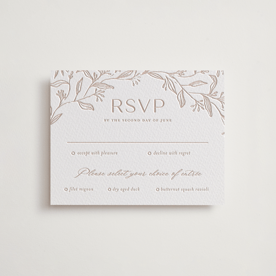 "Camellia.." - Letterpress RSVP Cards in Latte by Vera Lim - Front