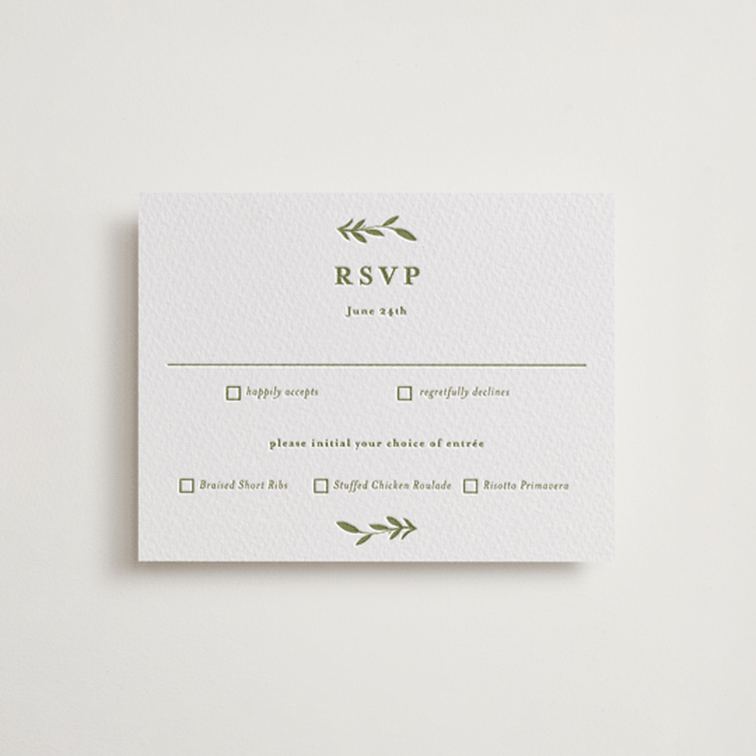 "Greenery Vine" - Letterpress RSVP Cards in Pistachio by Susan Moyal - Front