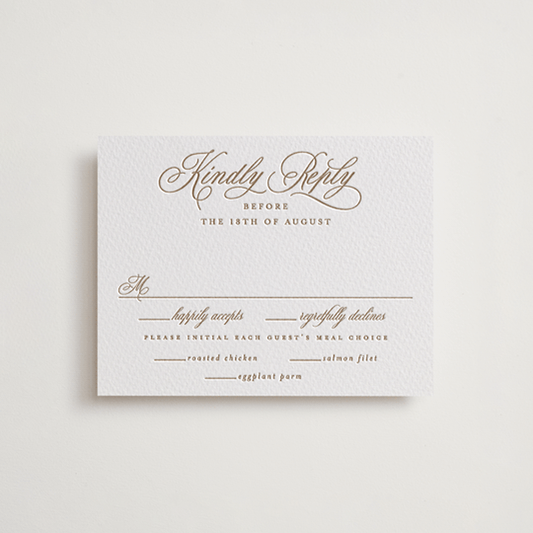 "Vineyard Script" - Letterpress RSVP Cards in Matte Gold by Hooray Creative - Front