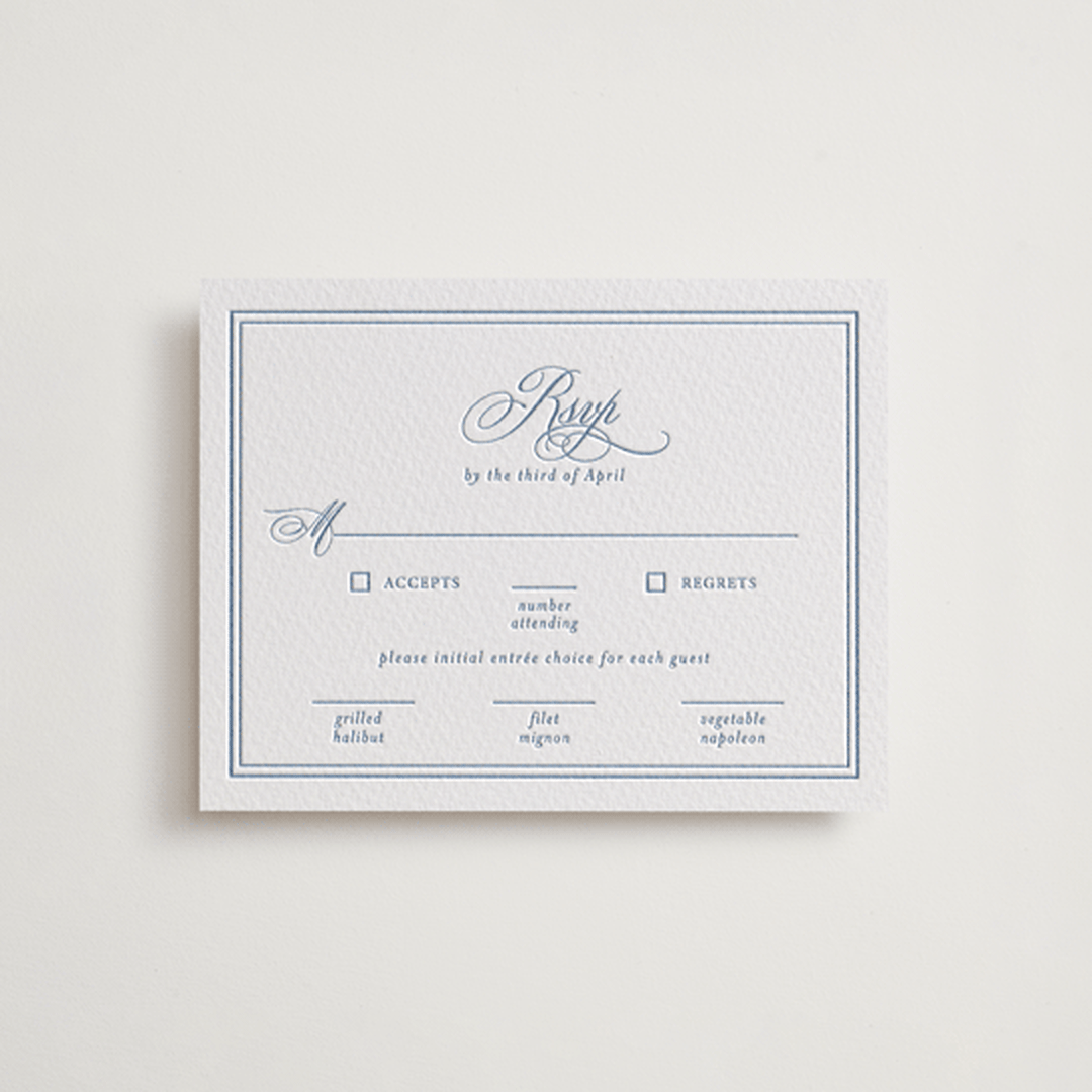 "The Chapel" - Letterpress RSVP Cards in Provincial Blue by Melinda Denison - Front