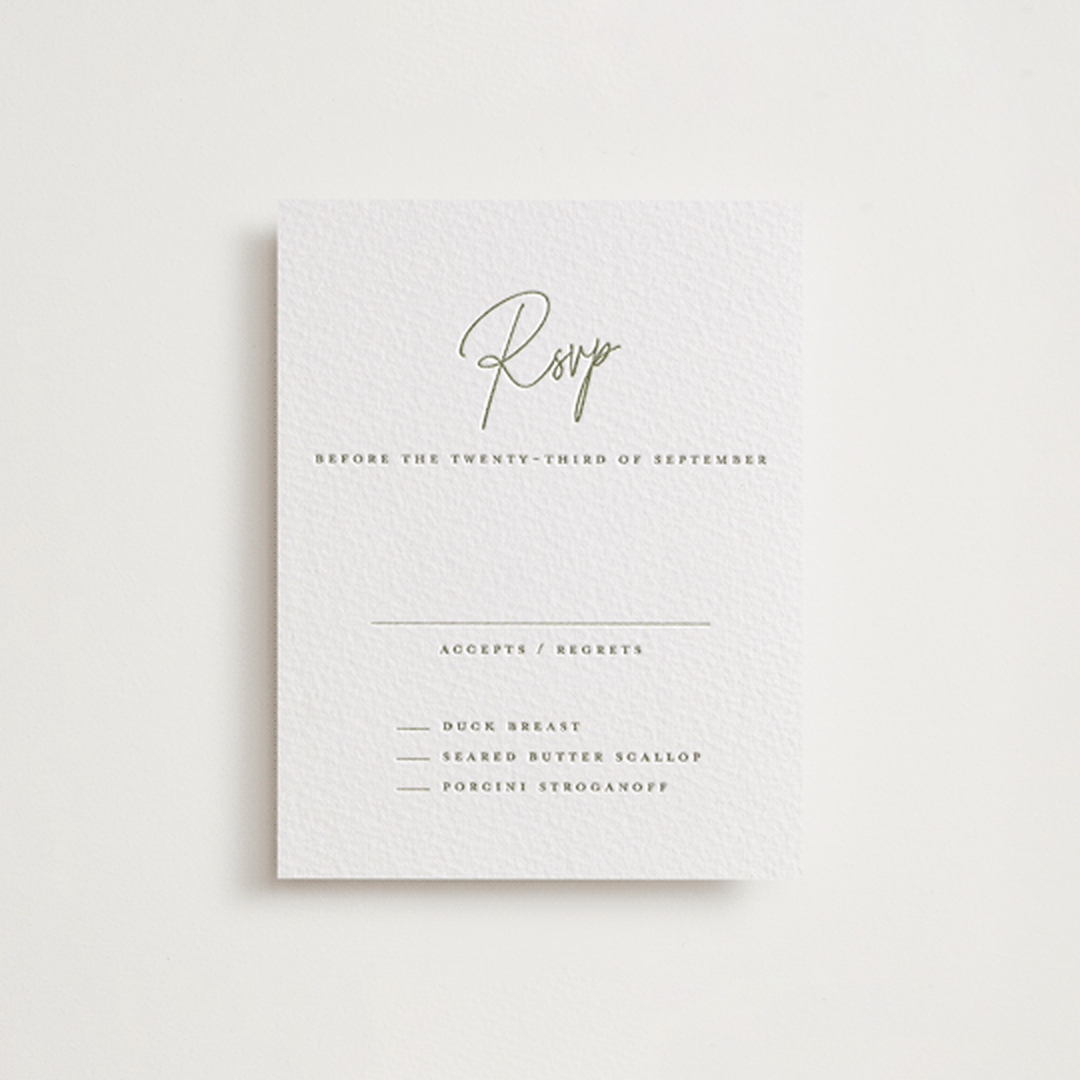 "angeline" - Letterpress RSVP Cards in Moss by chocomocacino - Front
