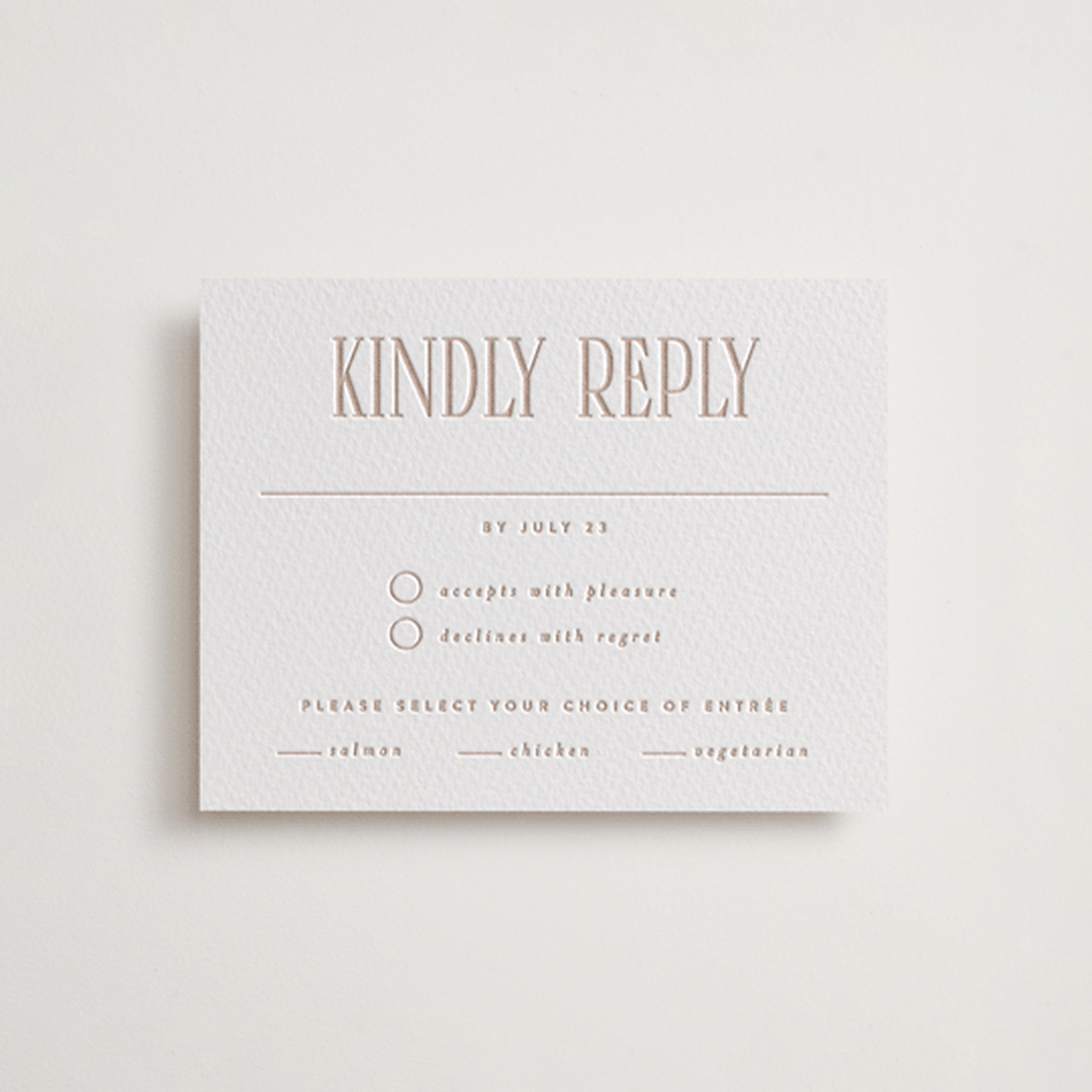 "title" - Letterpress RSVP Cards in Latte by JoAnn Jinks - Front