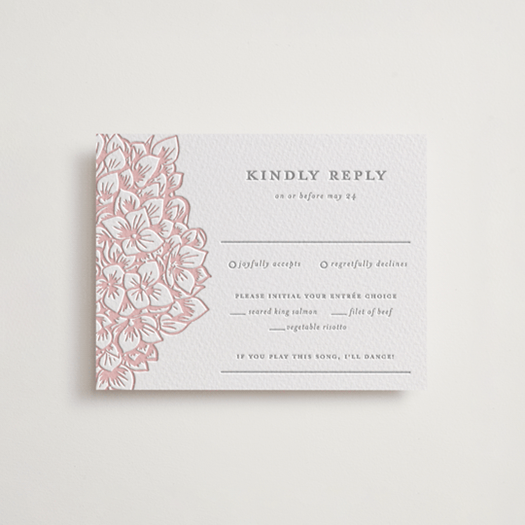 "Hydrangea Blooms" - Letterpress RSVP Cards in Blush by Paula Pecevich - Front