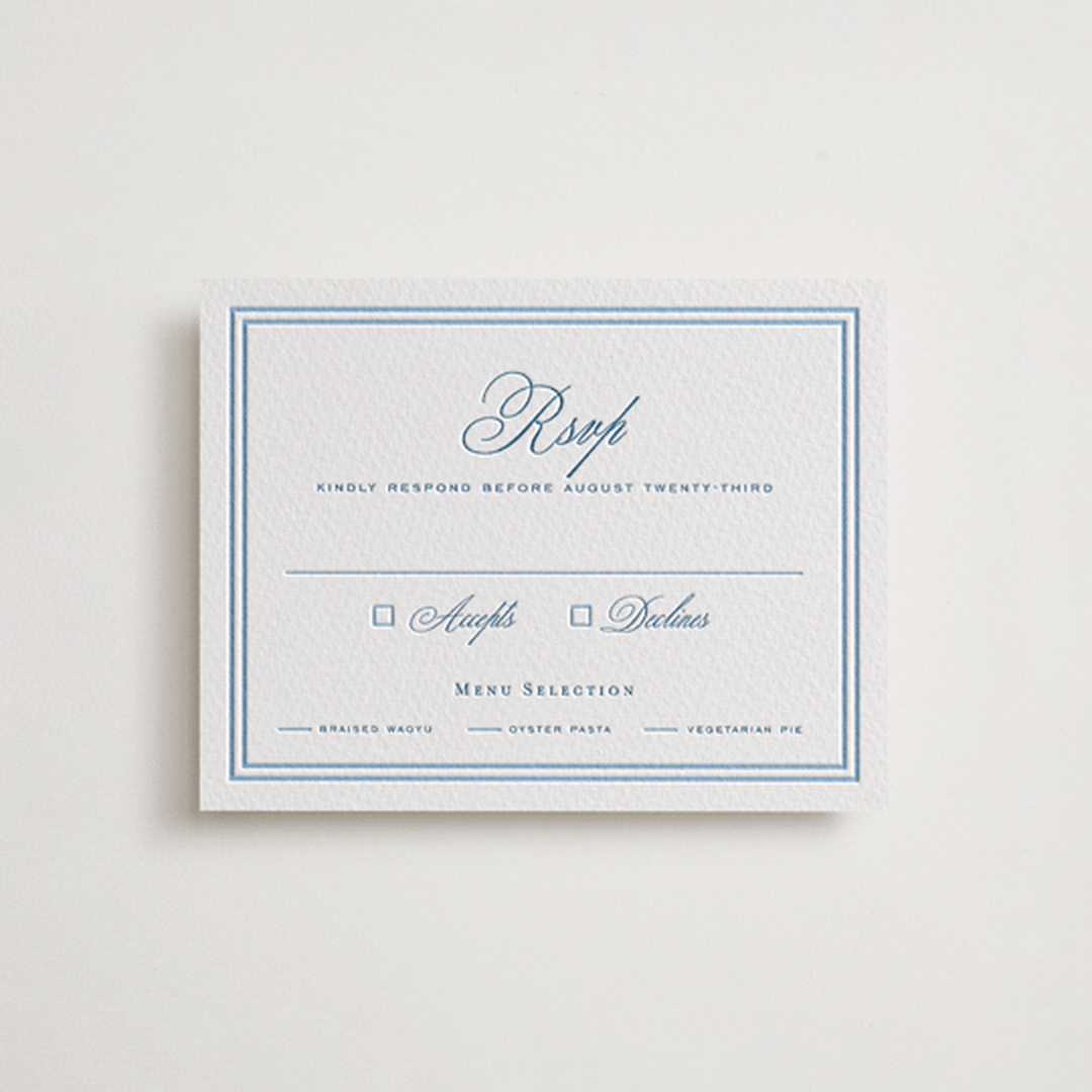 "ricciarelli" - Letterpress RSVP Cards in Denim by chocomocacino - Front