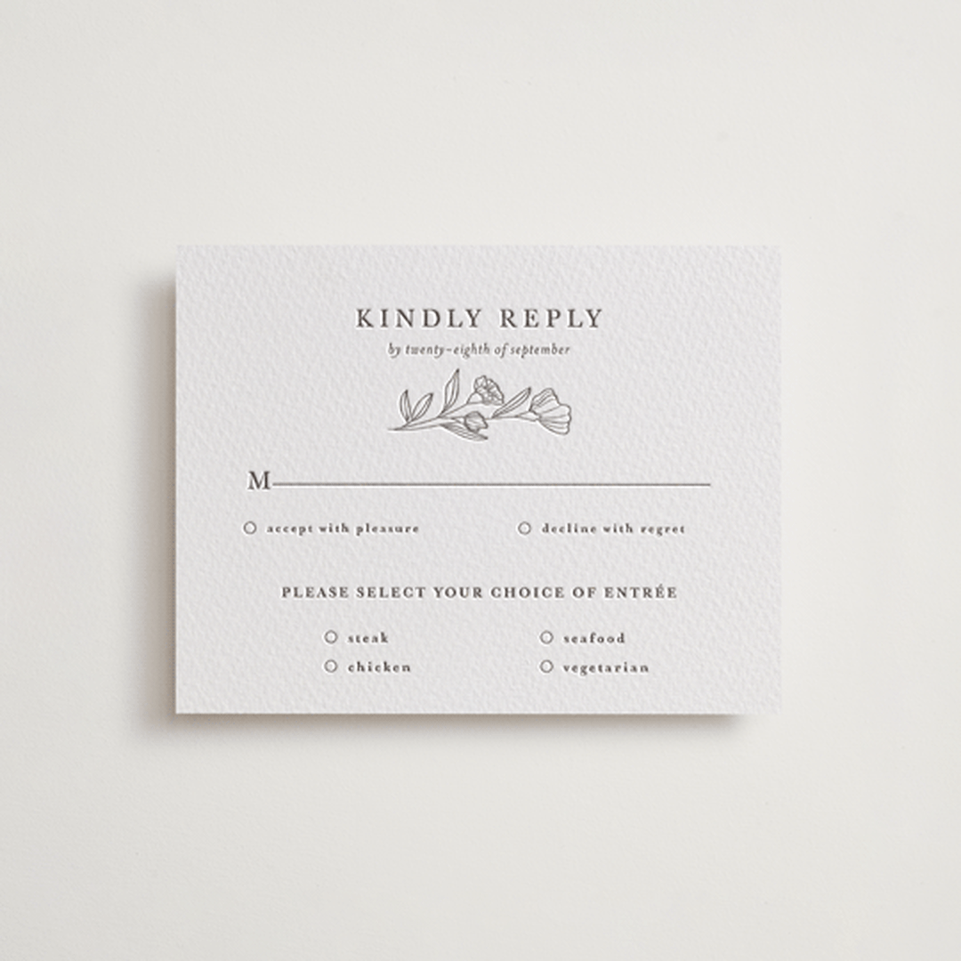 "Bouvardia" - Letterpress RSVP Cards in Graphite by Deynaaz Daraei - Front