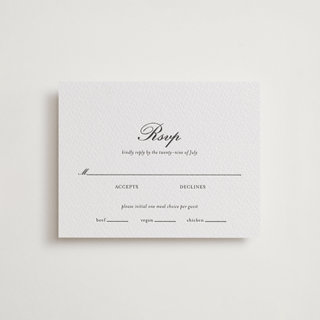 "Finely" - Letterpress RSVP Cards in Soft Black by Ani Somi - Front