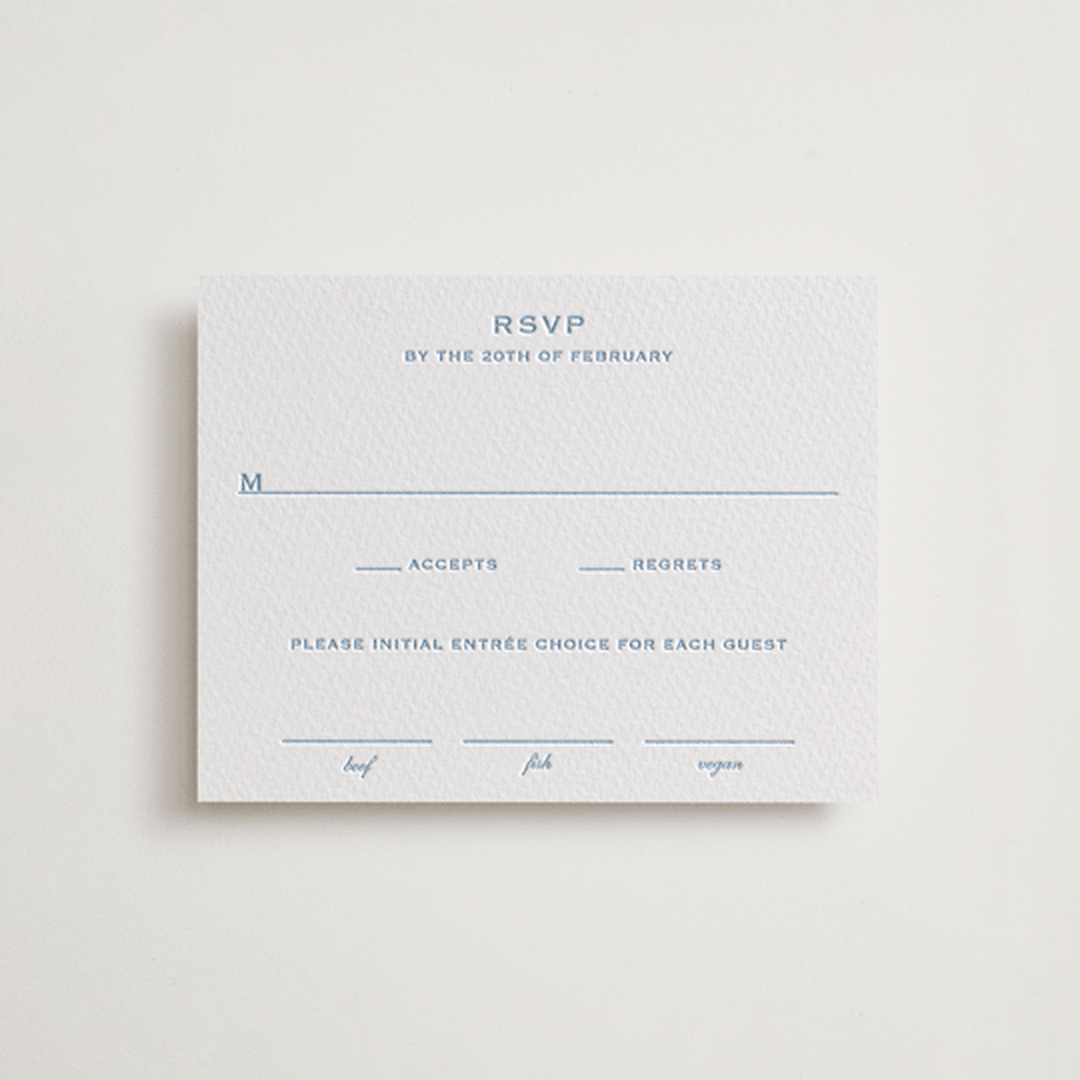 "Danbury" - Letterpress RSVP Cards in Sky Blue by Megan Davis - Front