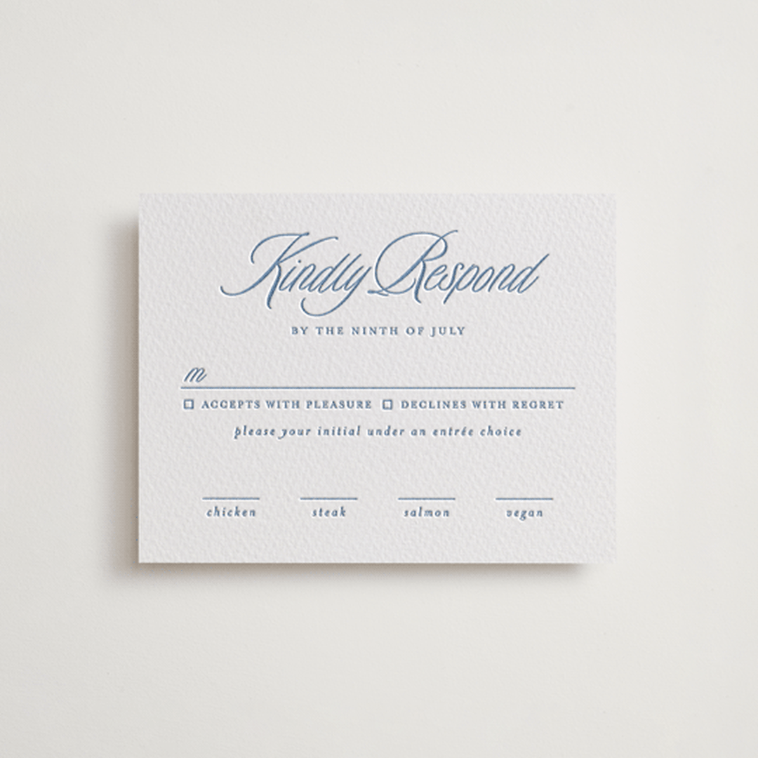 "Stately" - Letterpress RSVP Cards in Provincial Blue by Creo Study - Front