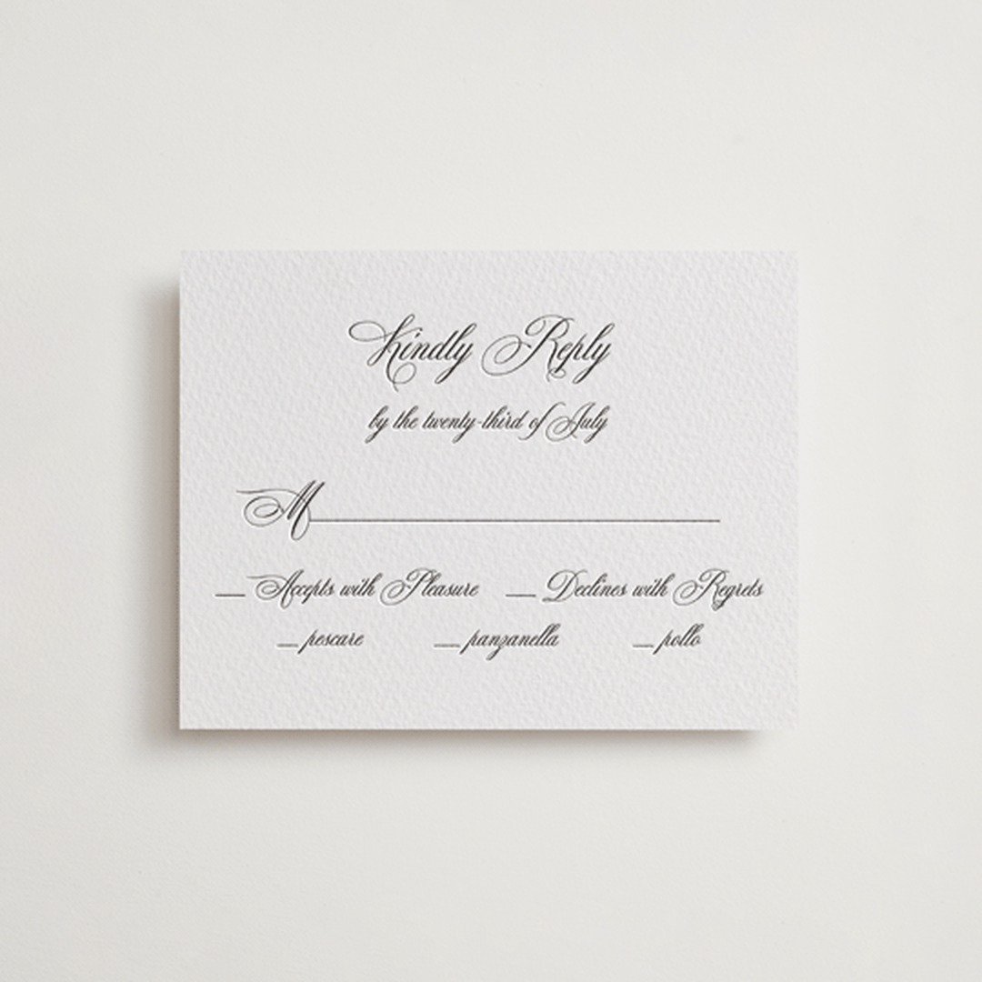 "palazzo" - Letterpress RSVP Cards in Soft Black by Benita Crandall - Front