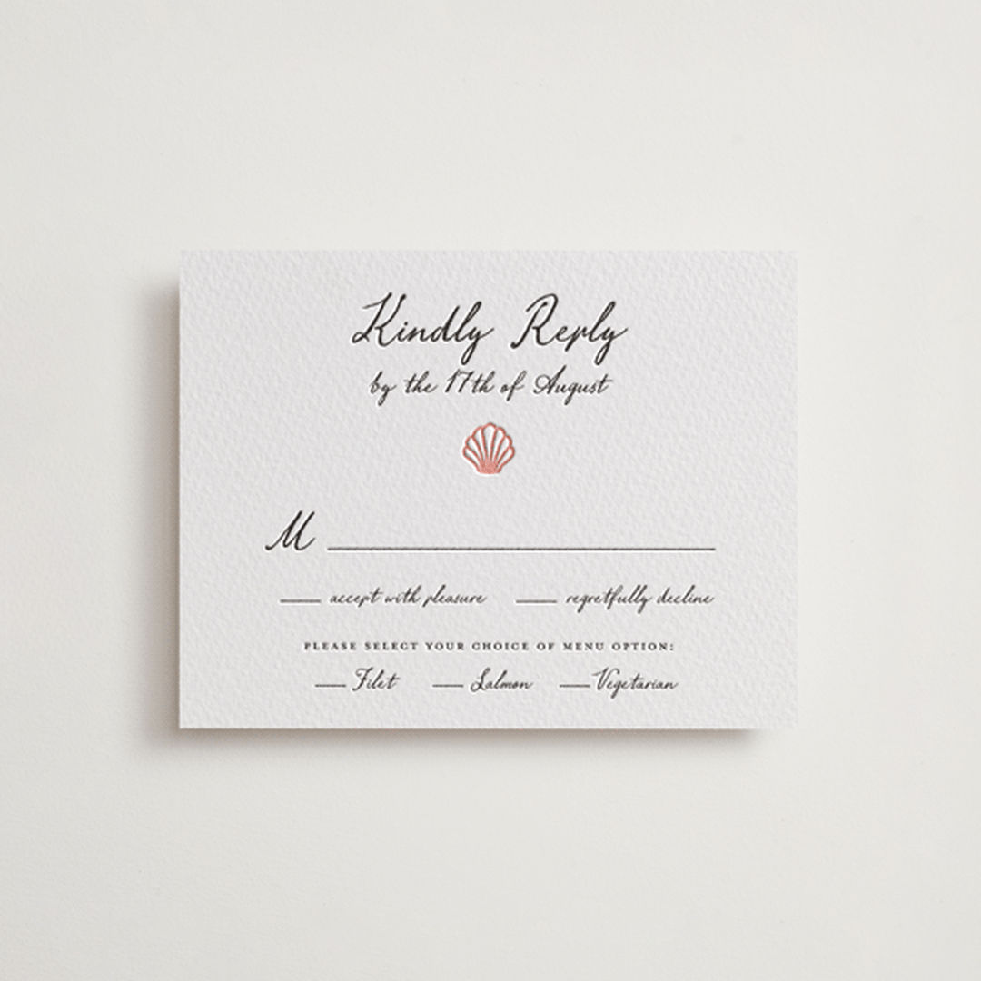 "Ocean Love" - Letterpress RSVP Cards in Peach by Alston Foster - Front