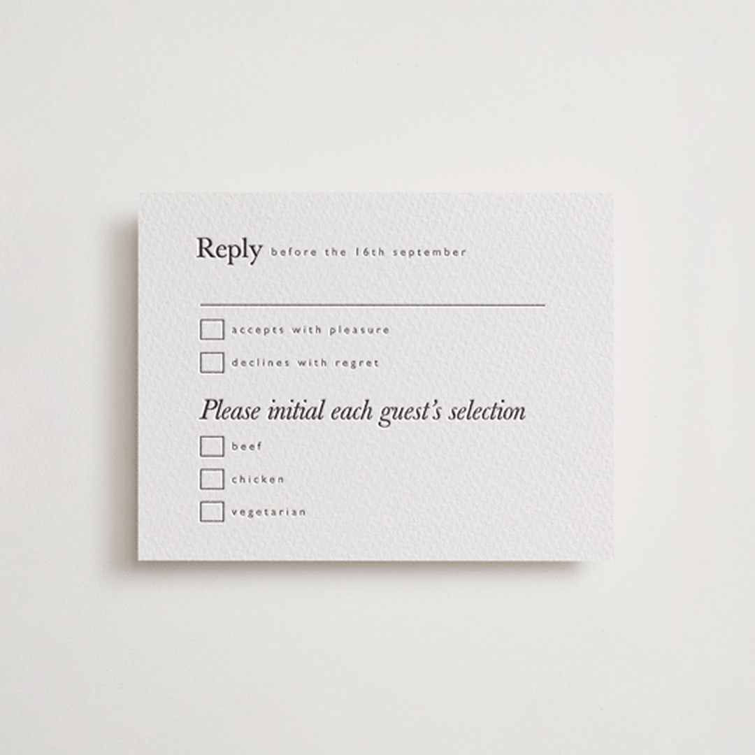 "Westin" - Letterpress RSVP Cards in Soft Black by Hudson meet Rose - Front