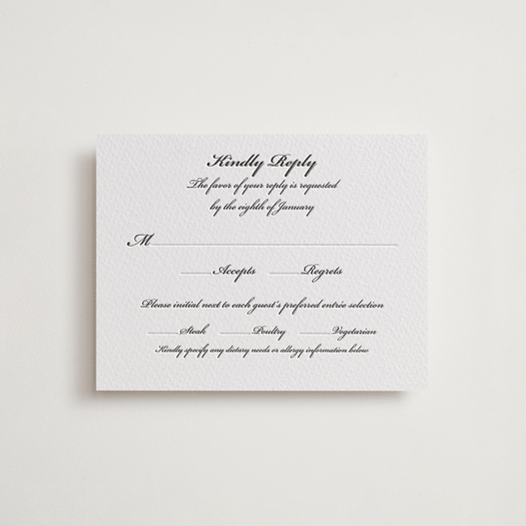 "Astor Elegance" - Letterpress RSVP Cards in Midnight by Clover and Lamb - Front