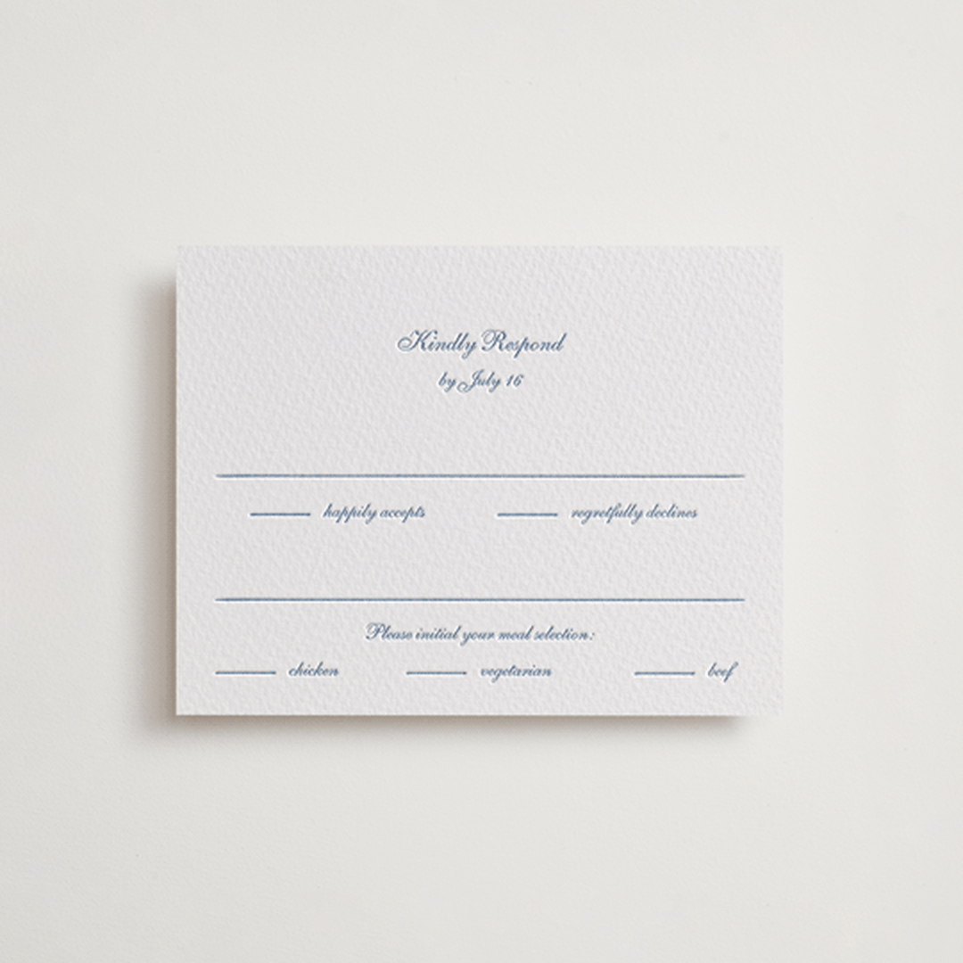 "Villa" - Letterpress RSVP Cards in Provincial Blue by Blustery August - Front