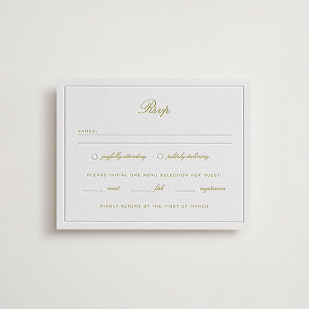 "Calia " - Letterpress RSVP Cards in Avocado by Ani Somi - Front