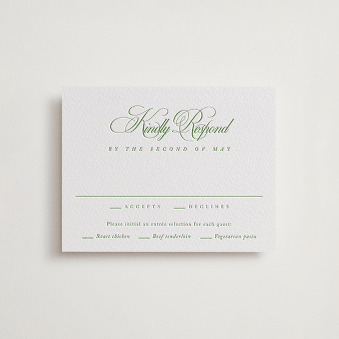 "Chic Script" - Letterpress RSVP Cards in Cucumber by Kelly Schmidt - Front