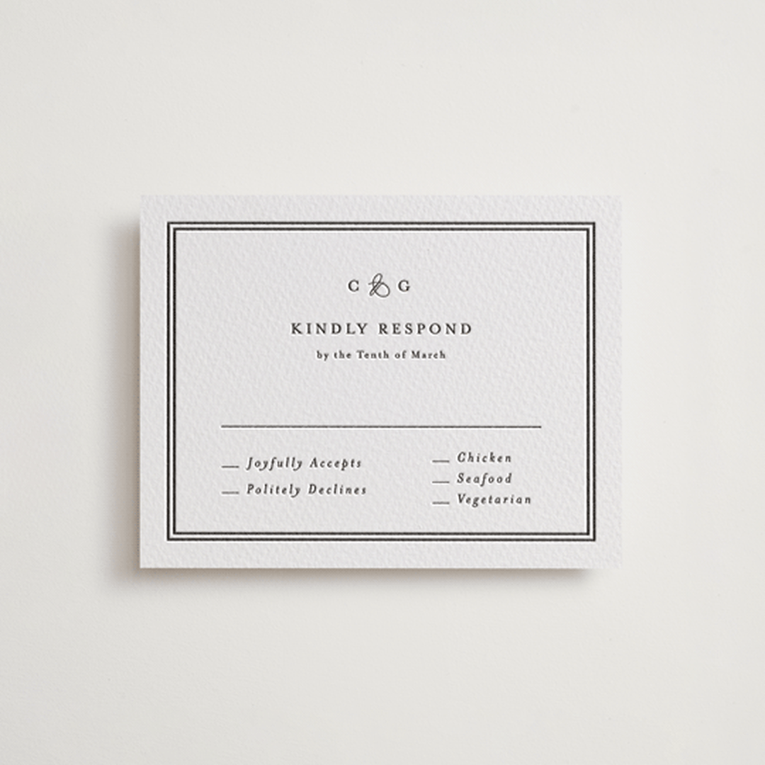 "Timeless Together" - Letterpress RSVP Cards in Soft Black by Carolyn MacLaren - Front