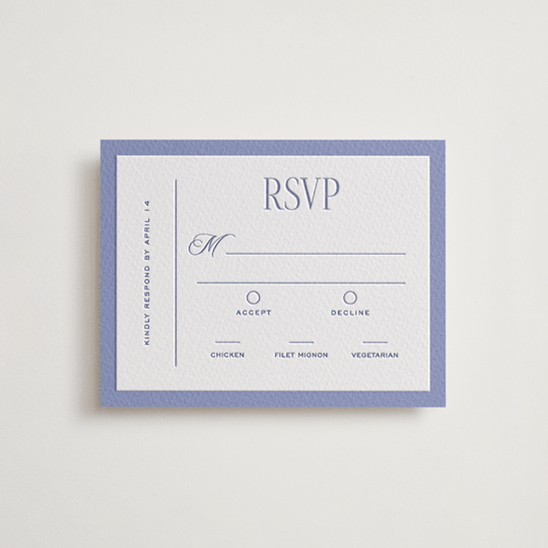 "Threaded" - Letterpress RSVP Cards in Periwinkle by Pixel and Hank - Front