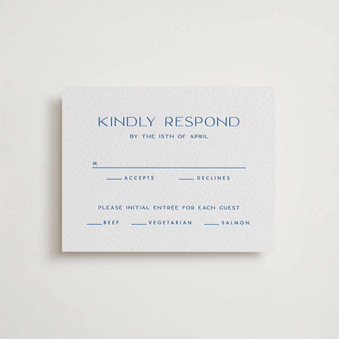 "Brooklyn" - Letterpress RSVP Cards in Sapphire by Ellen Schlegelmilch - Front