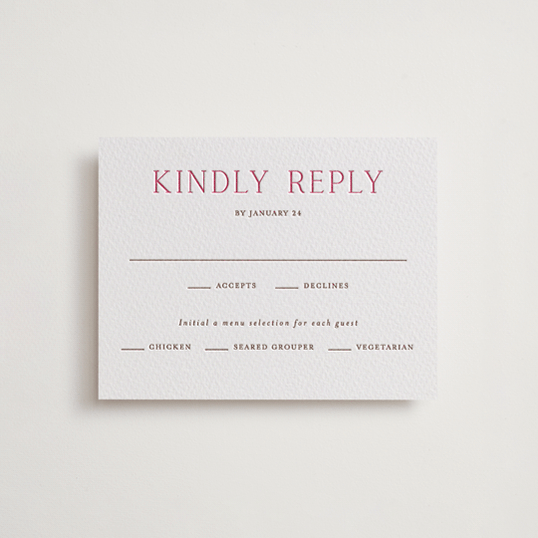 "In Love" - Letterpress RSVP Cards in Azalea Pink by Vanessa Doyle - Front