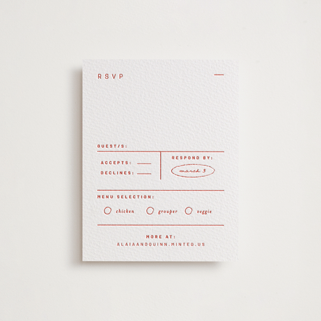 "Alaia" - Letterpress RSVP Cards in Verona Sunset by Blustery August - Front