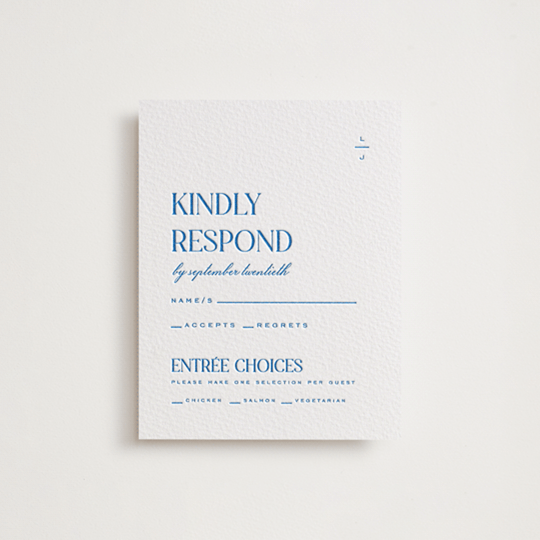 "Clarity" - Letterpress RSVP Cards in Sapphire by Heather Cairl - Front