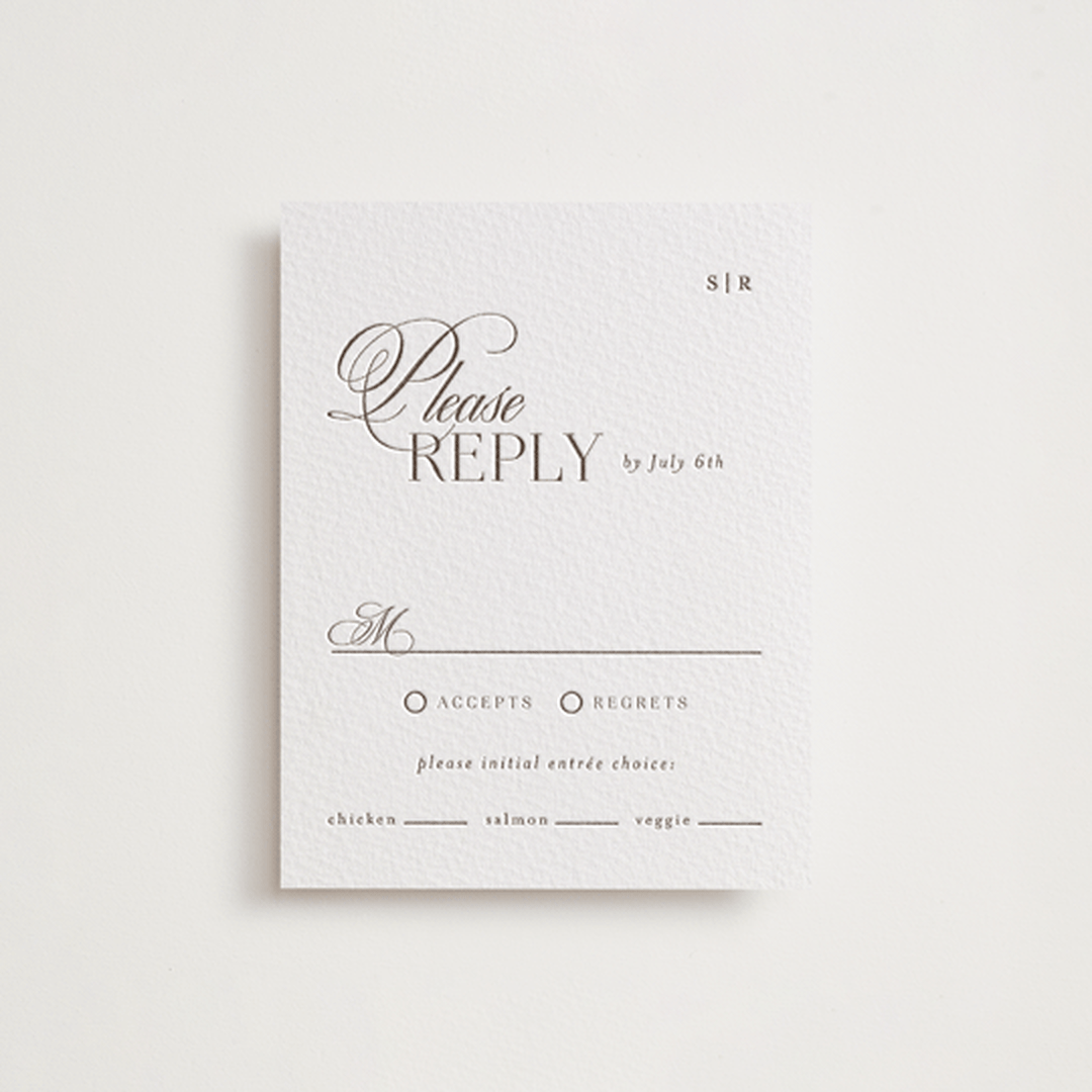 "Sibonie" - Letterpress RSVP Cards in Coffee by Melanie Kosuge - Front