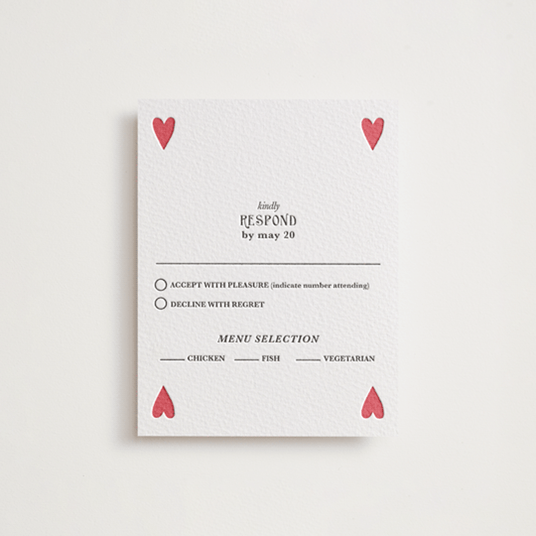 "Red Hearts" - Letterpress RSVP Cards in Scarlet by Helena Vitto - Front
