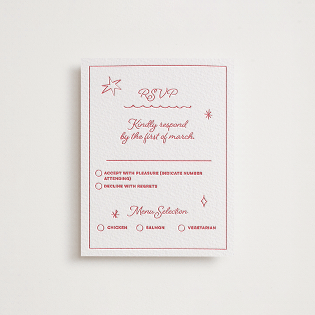 "Crazy Little Thing Called Love" - Letterpress RSVP Cards in Scarlet by Helena Vitto - Front