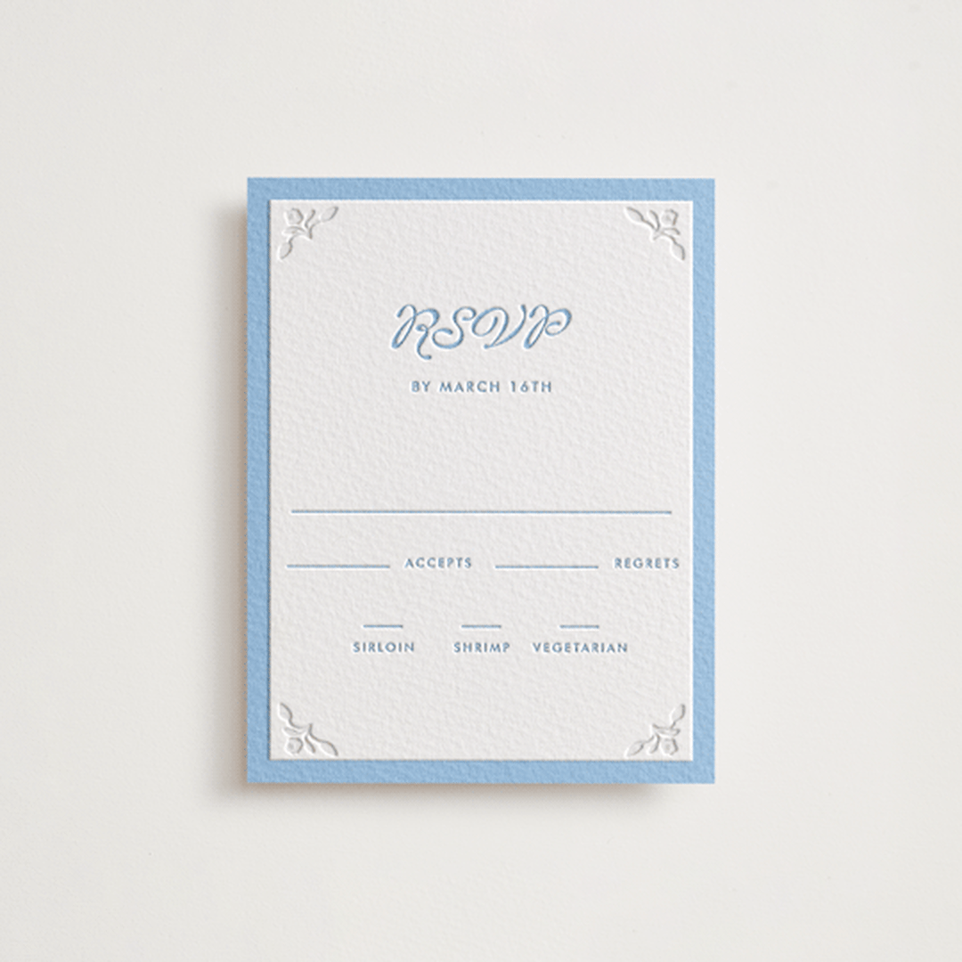 "Victorian Chic" - Letterpress RSVP Cards in Sky Blue by Morgan Kendall - Front