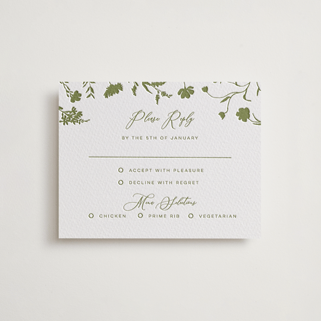 "Untied" - Letterpress RSVP Cards in Pistachio by Erin Hodges - Front