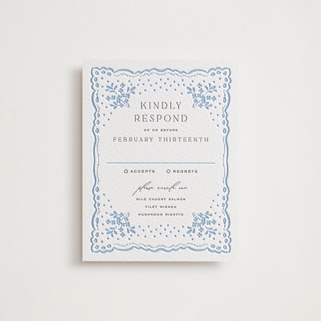 "Margot" - Letterpress RSVP Cards in Sky Blue by Erin L. Wilson - Front