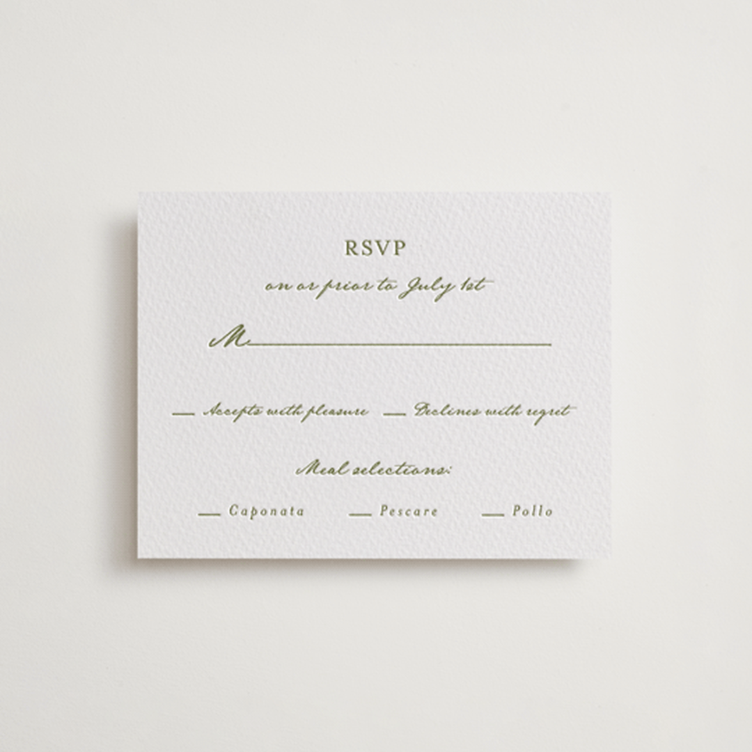 "Villa" - Letterpress RSVP Cards in Pistachio by Maja Cunningham - Front