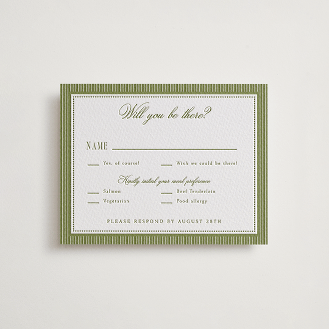 "Darcy" - Letterpress RSVP Cards in Pistachio by Robert and Stella - Front