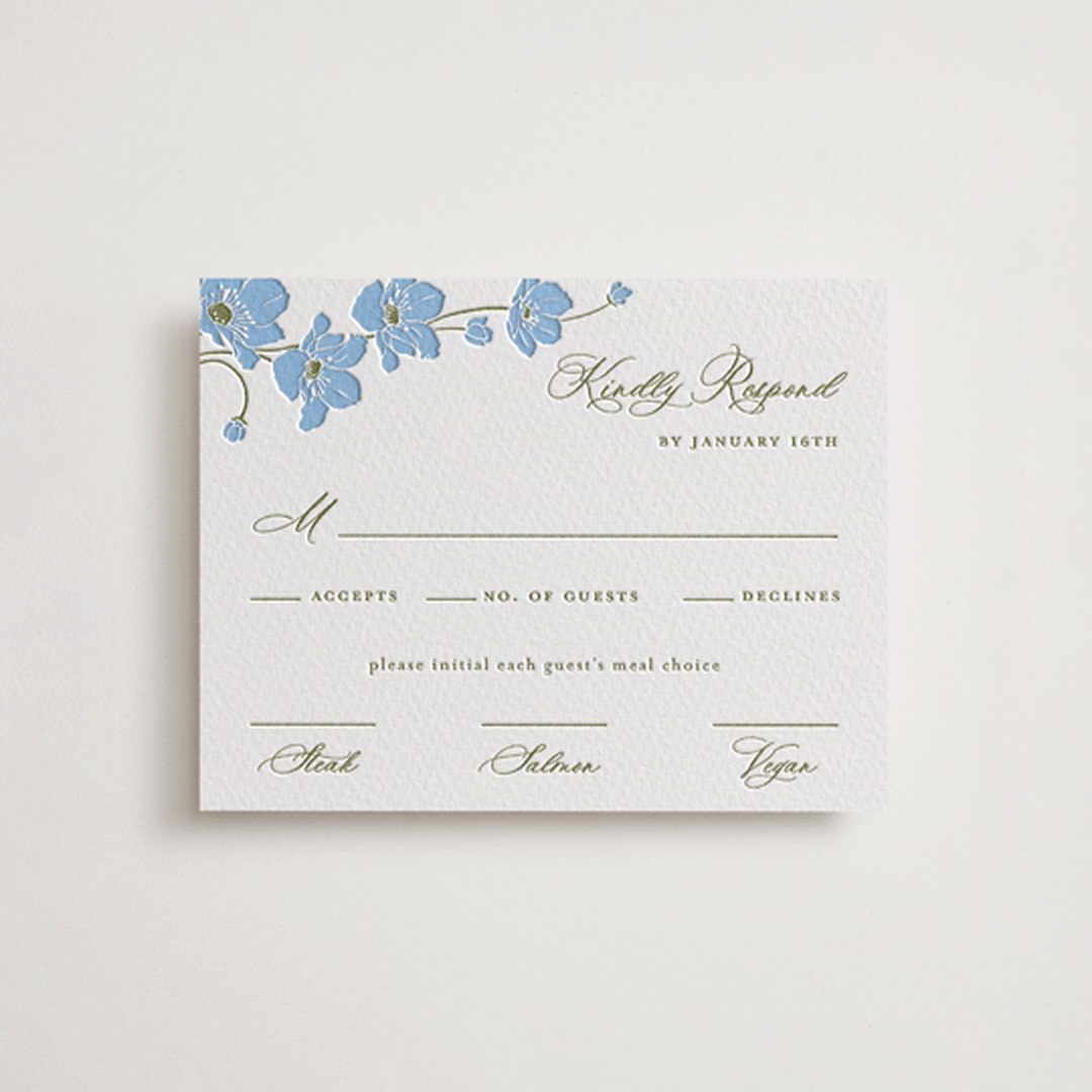 "Anemones" - Letterpress RSVP Cards in Sky Blue by letterfix - Front