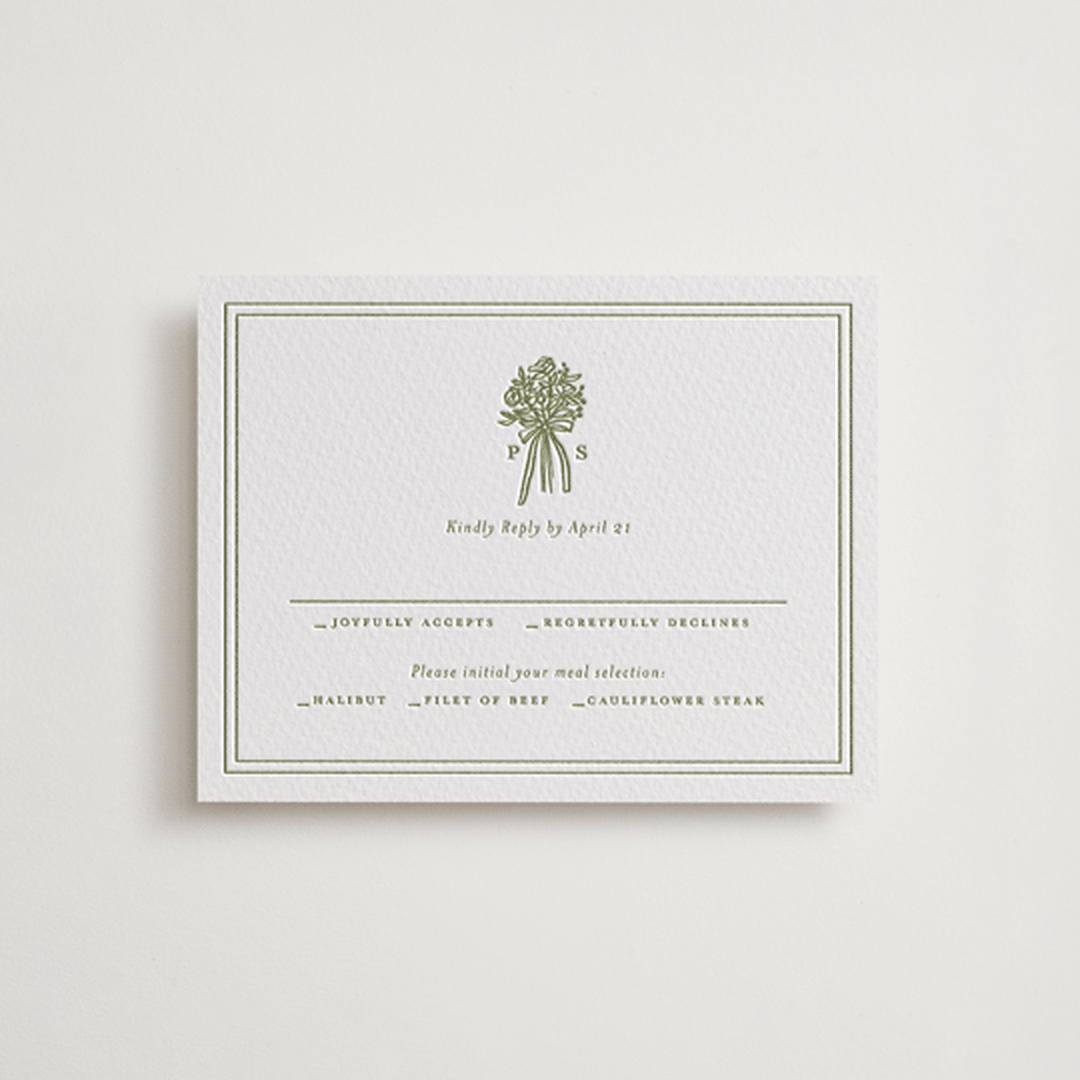 "wedding bouquet" - Letterpress RSVP Cards in Pistachio by Lori Wemple - Front