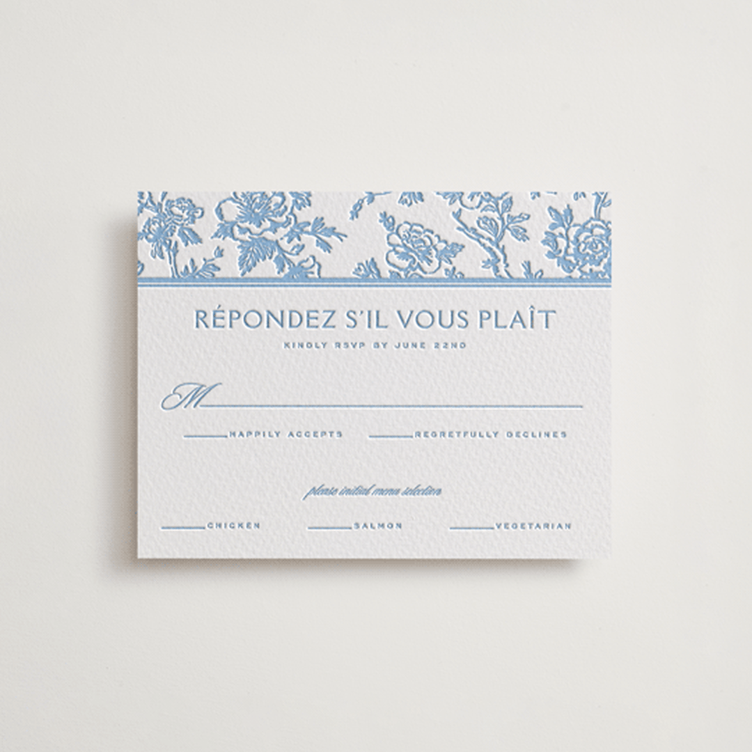 "Classic Toile" - Letterpress RSVP Cards in Sky Blue by Jenna Holcomb - Front