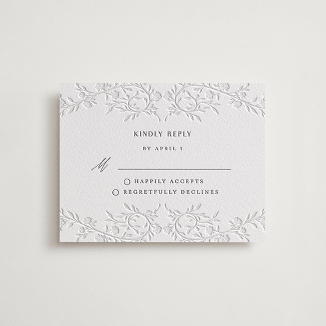 "Delicately" - Letterpress RSVP Cards in Gravel by Nicoletta Savod - Front