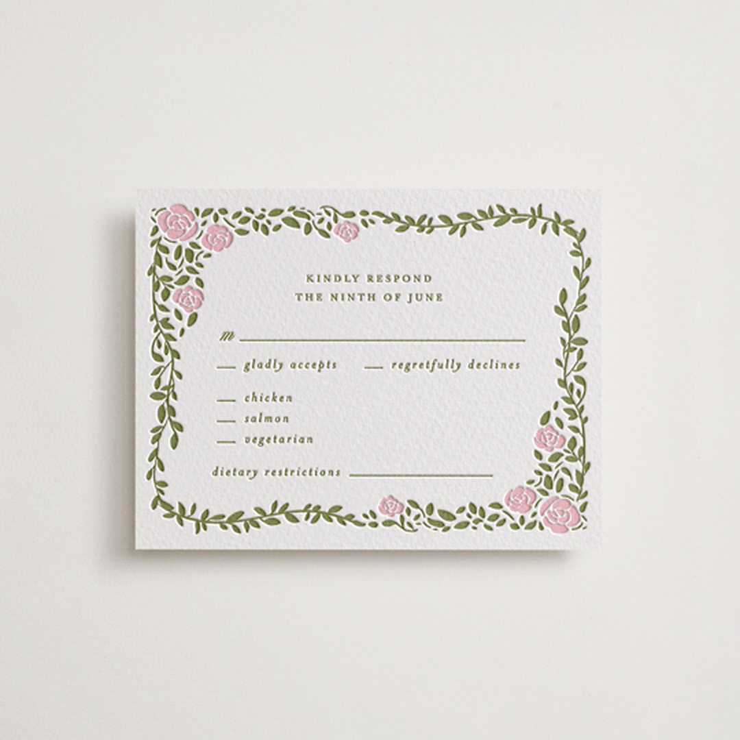 "Vintage Blooms" - Letterpress RSVP Cards in Pistachio by Creo Study - Front