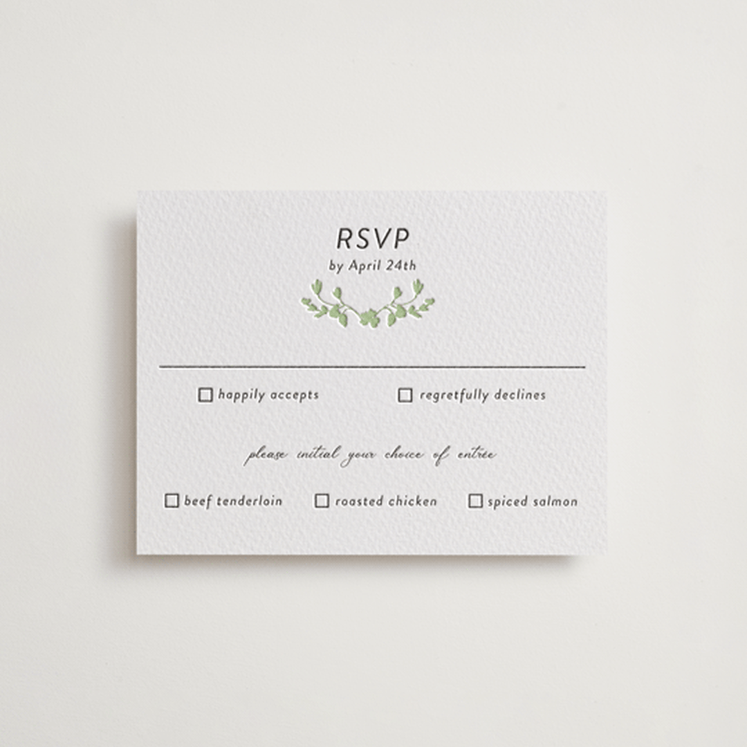 "Flower Garden" - Letterpress RSVP Cards in Tea Green by Susan Moyal - Front