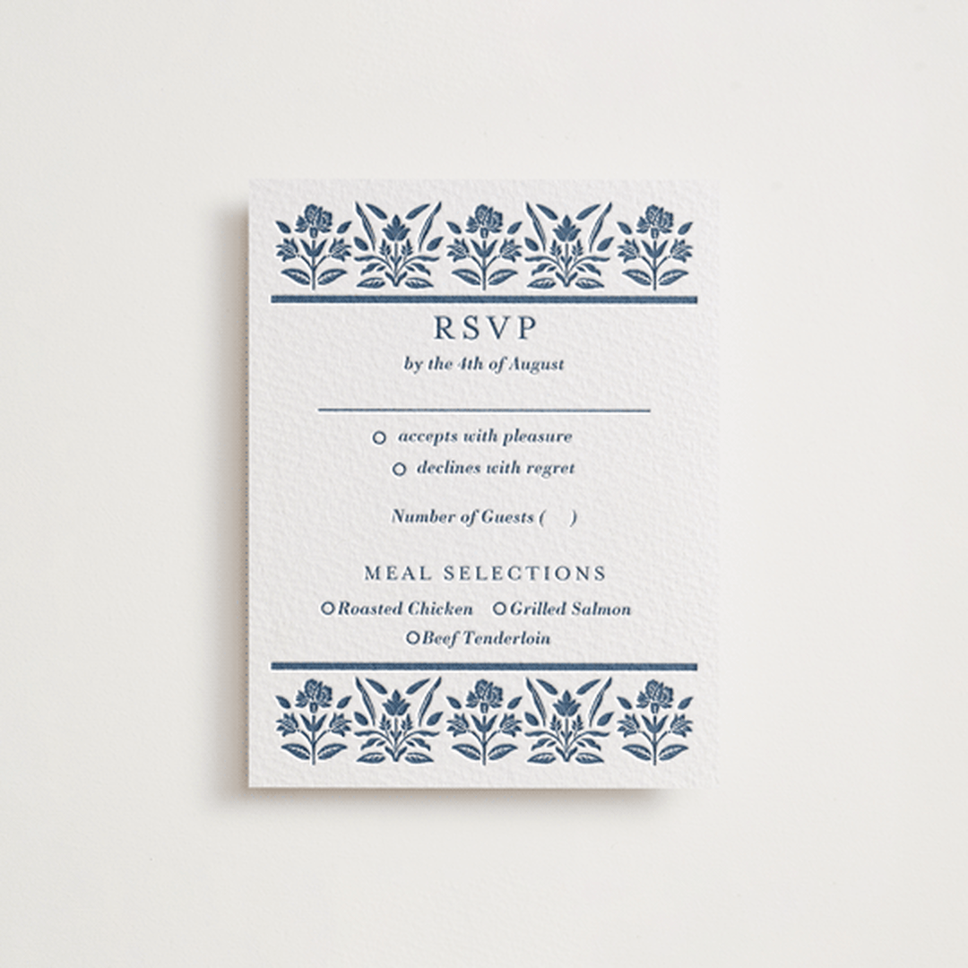 "Pressed Motif" - Letterpress RSVP Cards in Indigo by Oma N. Ramkhelawan - Front