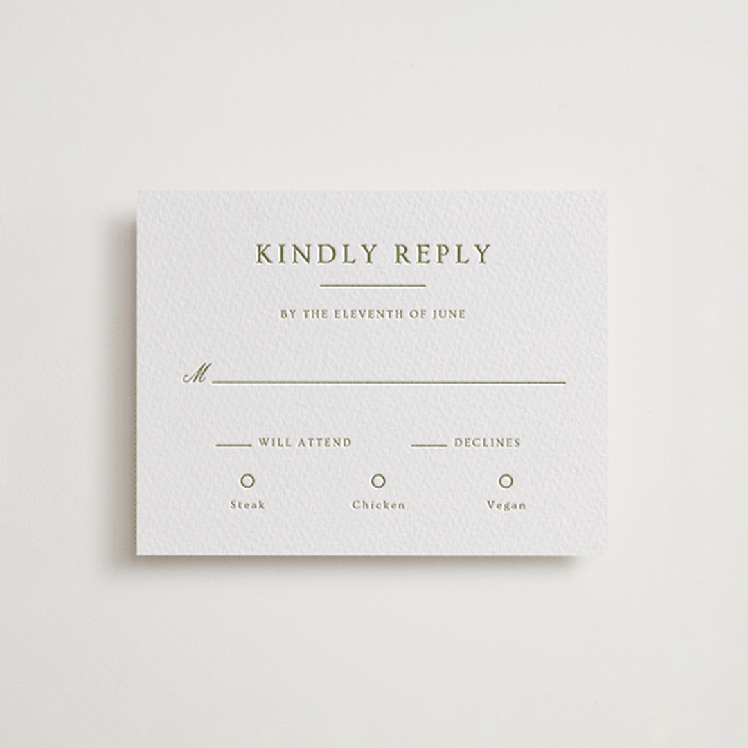 "Summit Meadows" - Letterpress RSVP Cards in Pistachio by Ana Sharpe - Front