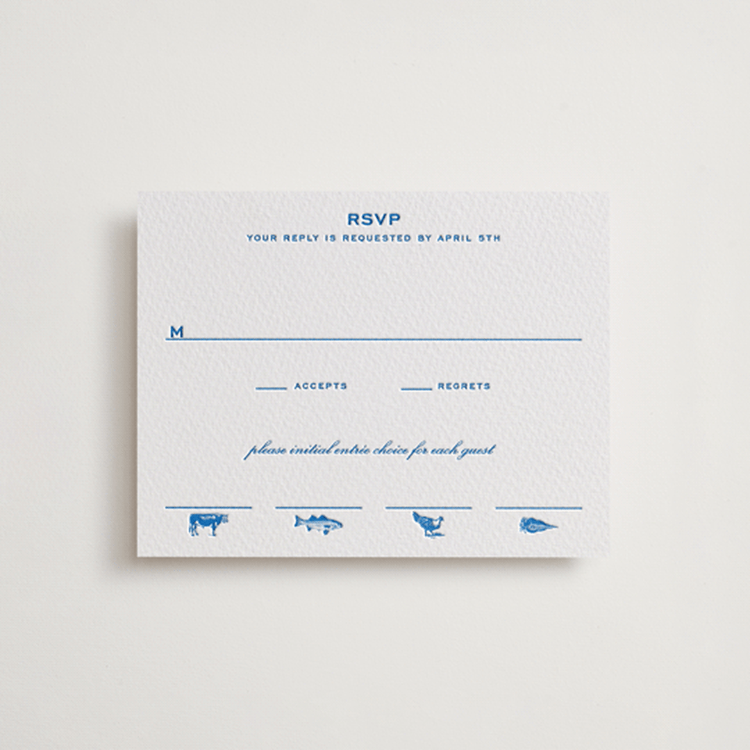 "Brasserie" - Letterpress RSVP Cards in Sapphire by Megan Davis - Front