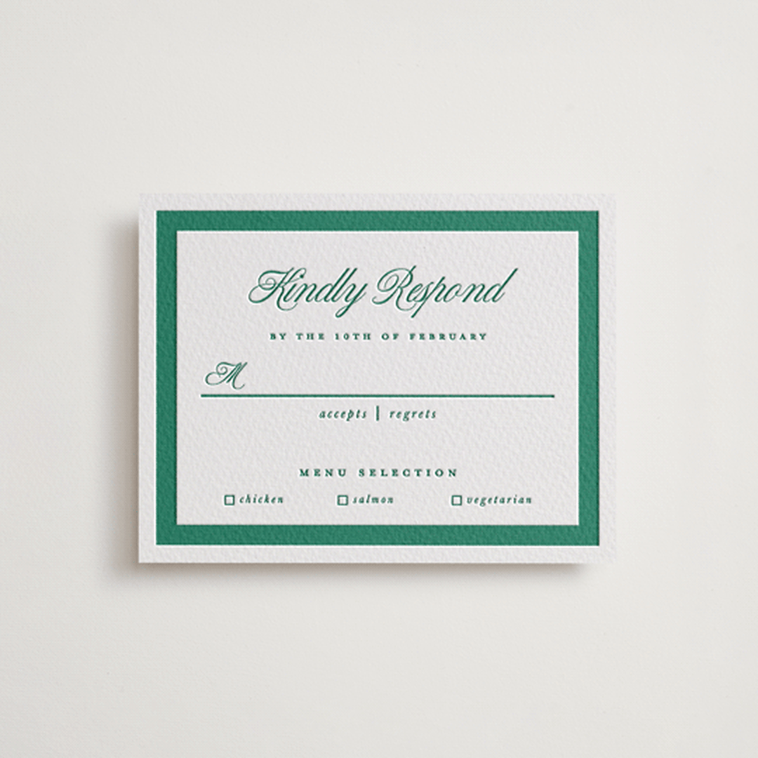 "Archer" - Letterpress RSVP Cards in Cucumber by Kelly Watkins - Front