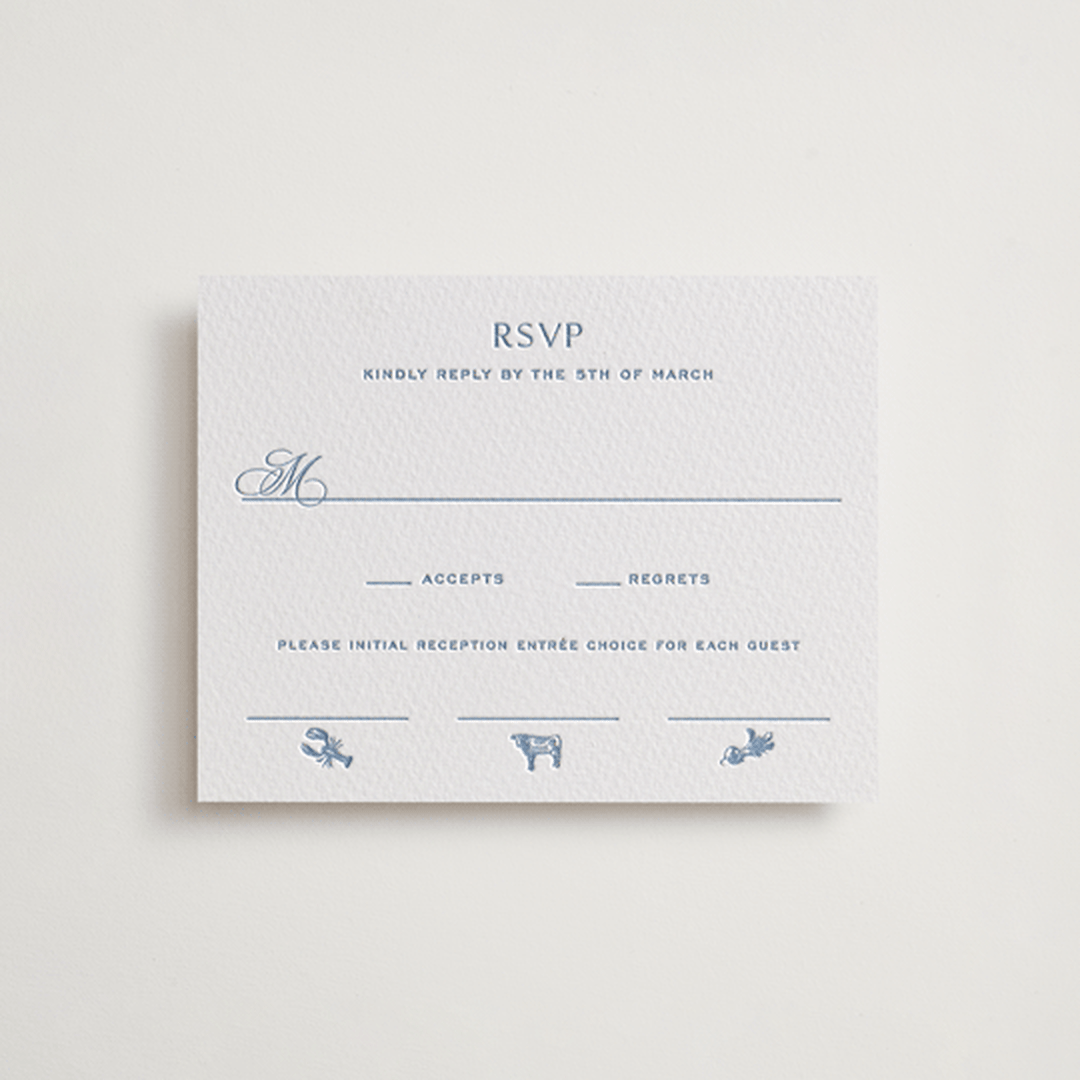 "Maison" - Letterpress RSVP Cards in Provincial Blue by Megan Davis - Front