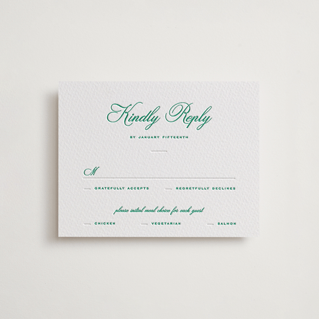 "Keepsake" - Letterpress RSVP Cards in Shamrock by Blustery August - Front