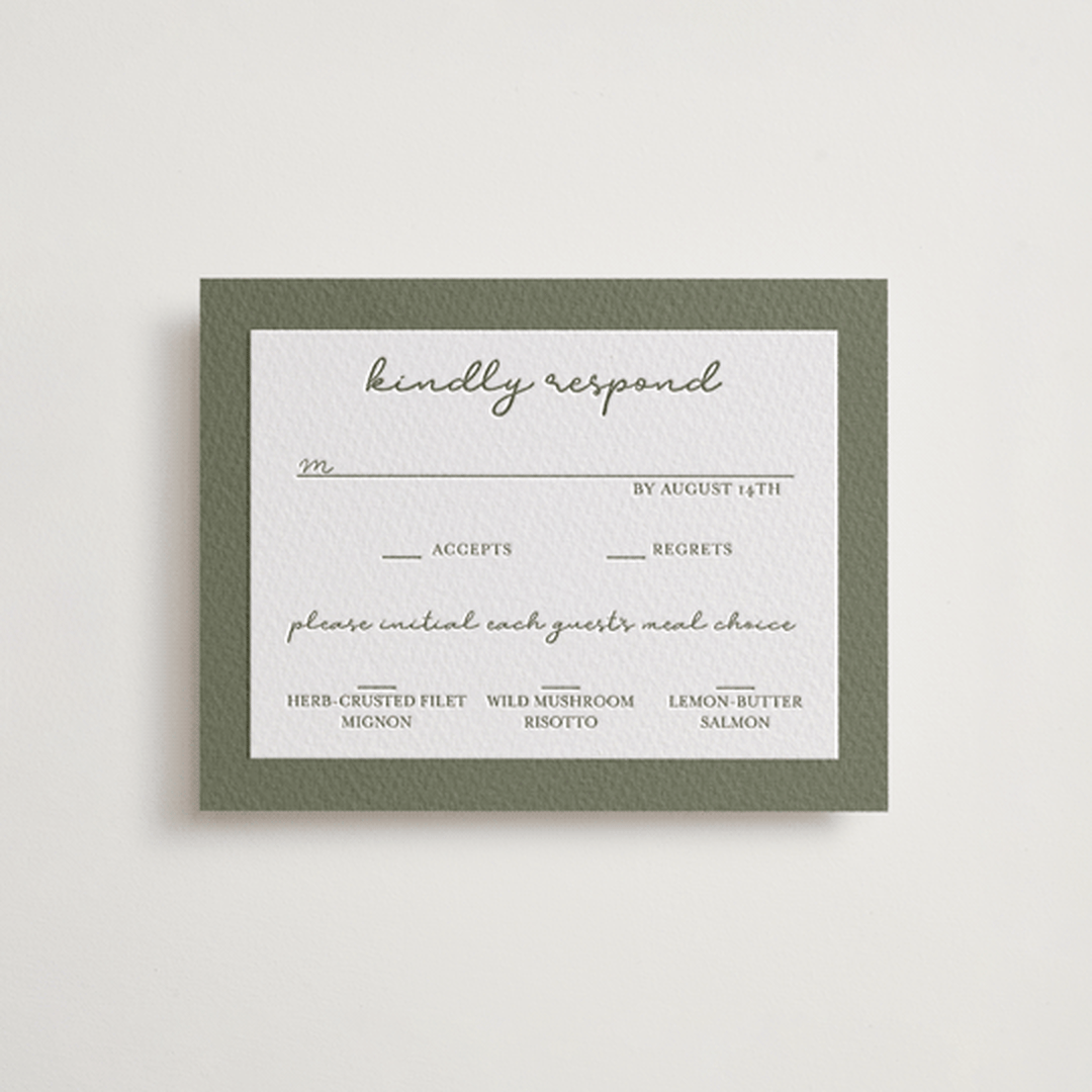 "The Verdure Suite" - Letterpress RSVP Cards in Moss by Brittney Jensen - Front
