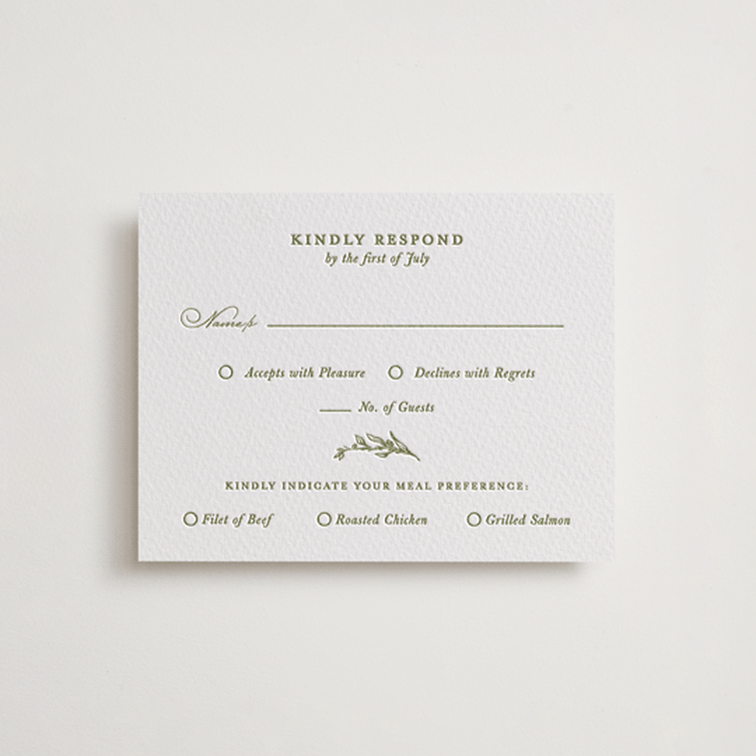 "Botanical Crest" - Letterpress RSVP Cards in Pistachio by Lucrecia Caporale - Front