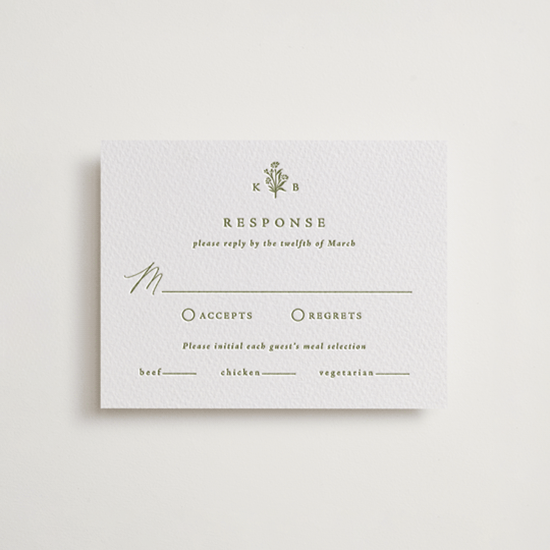 "Posy" - Letterpress RSVP Cards in Pistachio by Olivia Raufman - Front